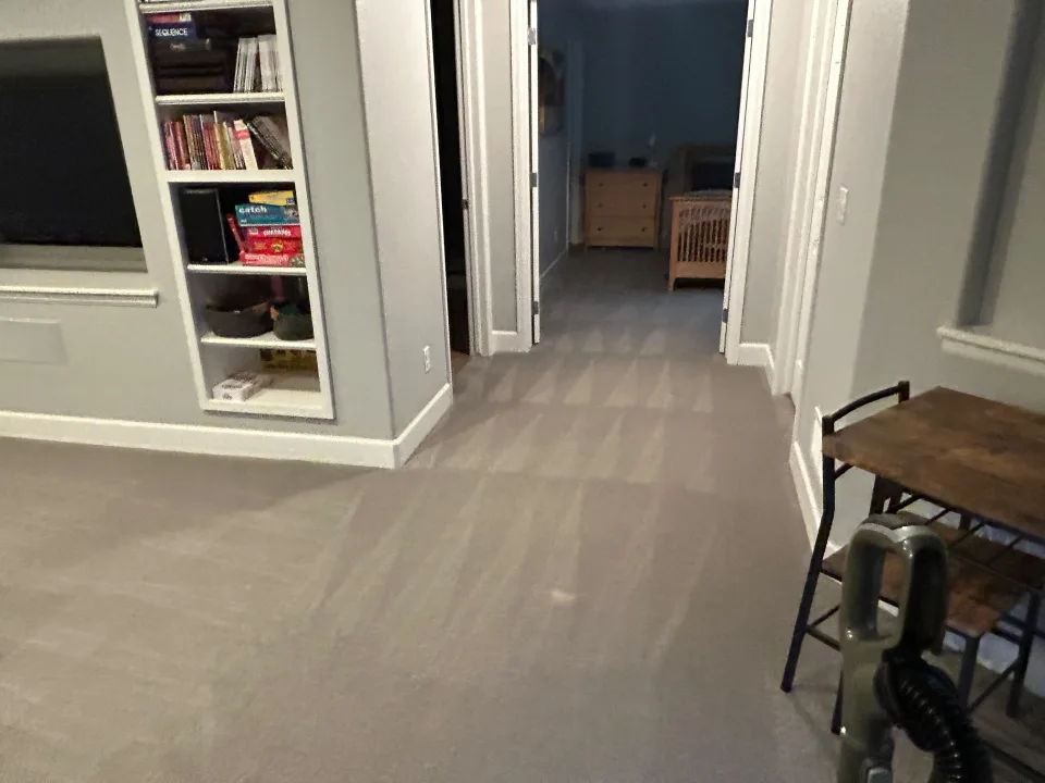 Pasillo y sala con alfombra recién lavada mostrando líneas de limpieza profunda, estantería blanca y mesa de madera al fondo